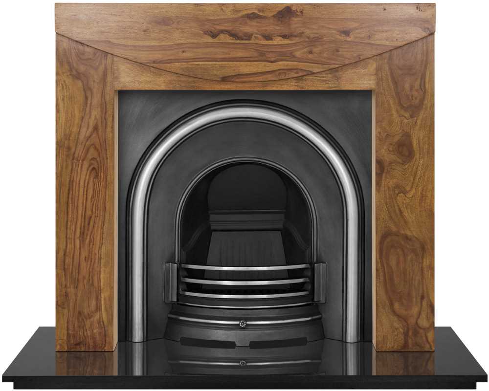 Celtic arch fireplace insert in highlight polish with wooden surround