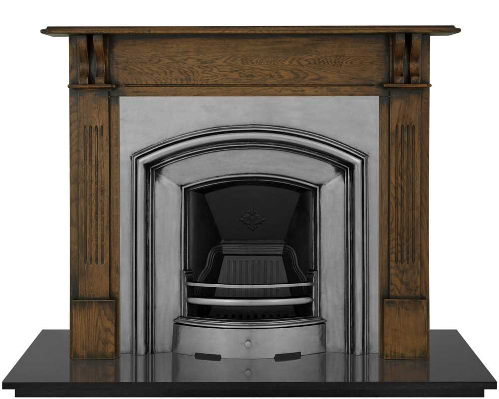 London Plate fireplace insert shown in full polish with wooden surround
