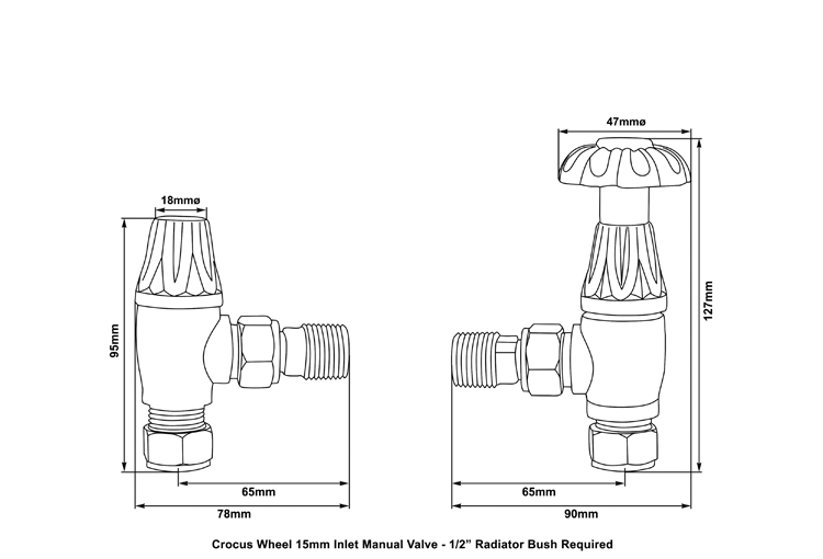 Crocus manual Chrome radiator valve measurements
