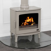 glass stove hearth with cast iron stove